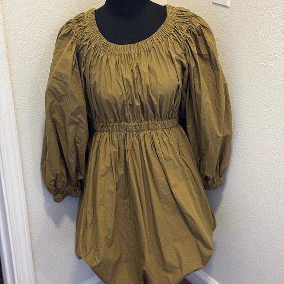 Ulla Johnson Martine Olive Green Fit Flare Puff Sleeve Off Shoulder 8 $325 - Picture 7 of 10